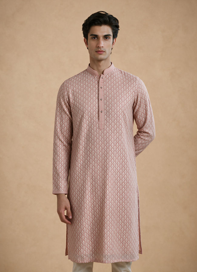 Manyavar Men Pink Georgette Kurta Pajama Set with Thread Embroidery & Sequin Detailing