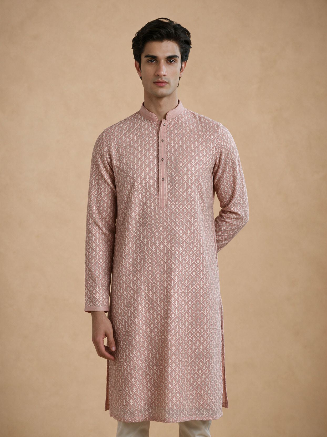 Manyavar Men Pink Georgette Kurta Pajama Set with Thread Embroidery & Sequin Detailing