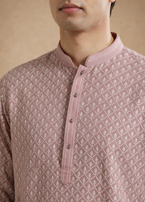 Manyavar Men Pink Georgette Kurta Pajama Set with Thread Embroidery & Sequin Detailing