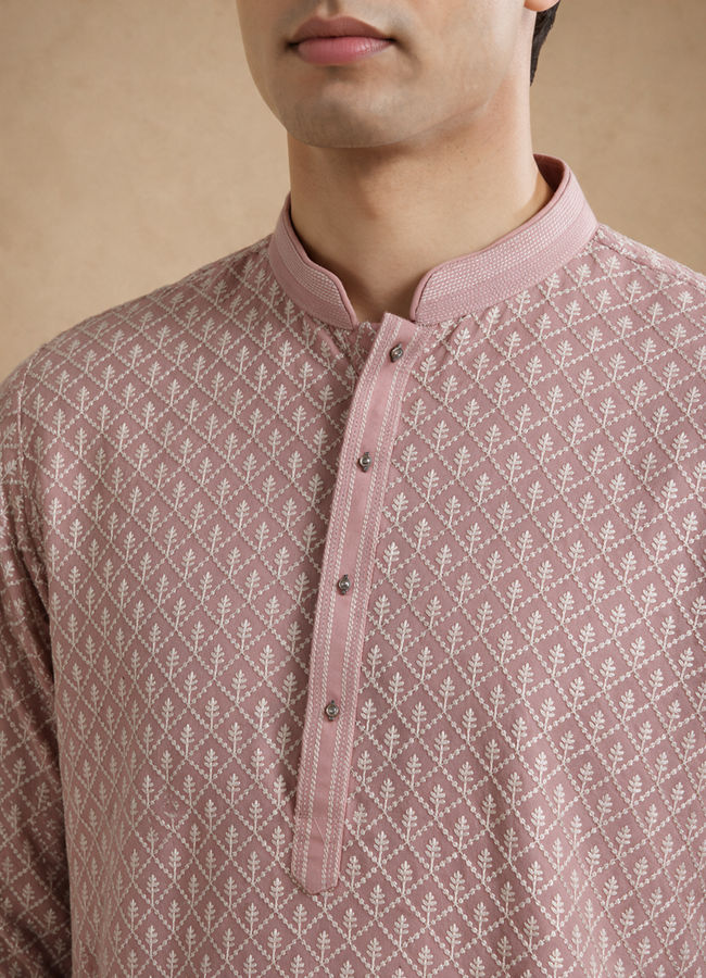 Manyavar Men Pink Georgette Kurta Pajama Set with Thread Embroidery & Sequin Detailing
