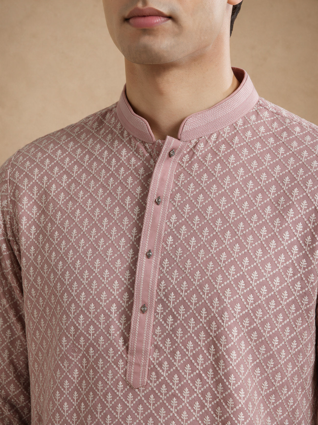Manyavar Men Pink Georgette Kurta Pajama Set with Thread Embroidery & Sequin Detailing