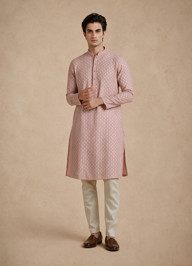 Manyavar Men Pink Georgette Kurta Pajama Set with Thread Embroidery & Sequin Detailing