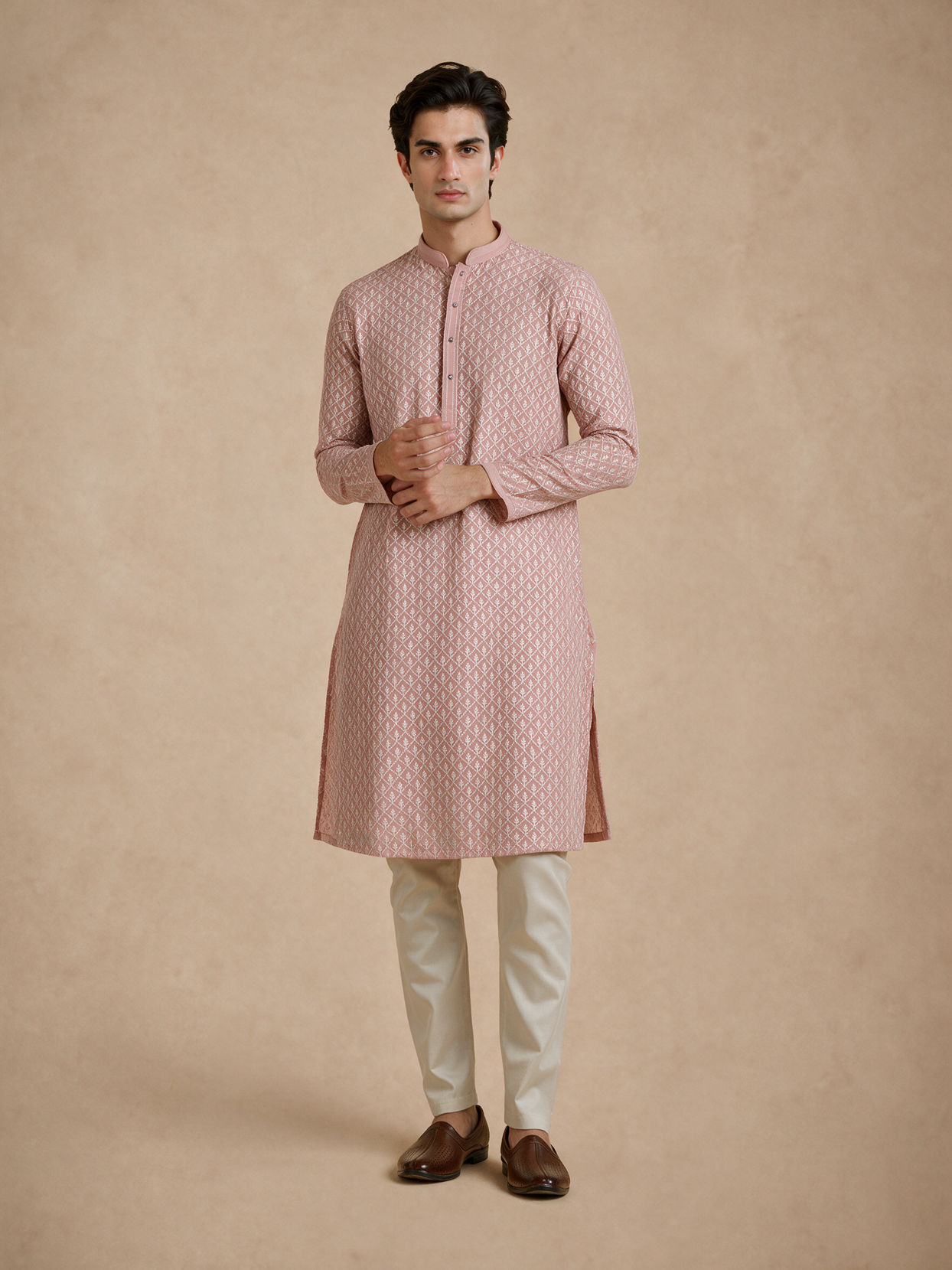 Manyavar Men Pink Georgette Kurta Pajama Set with Thread Embroidery & Sequin Detailing