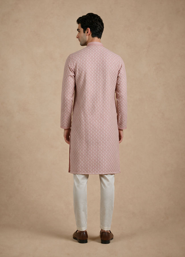Manyavar Men Pink Georgette Kurta Pajama Set with Thread Embroidery & Sequin Detailing