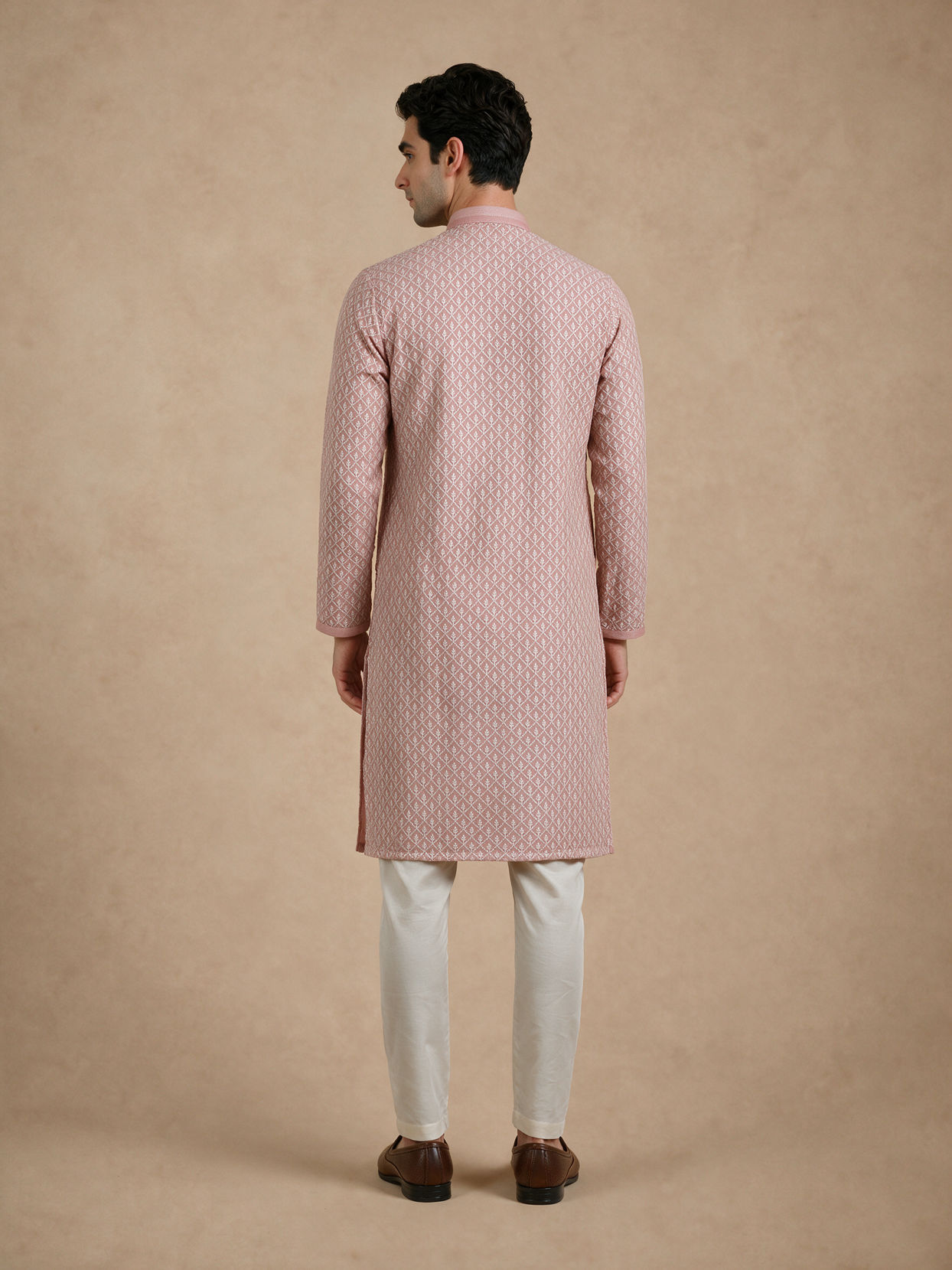 Manyavar Men Pink Georgette Kurta Pajama Set with Thread Embroidery & Sequin Detailing