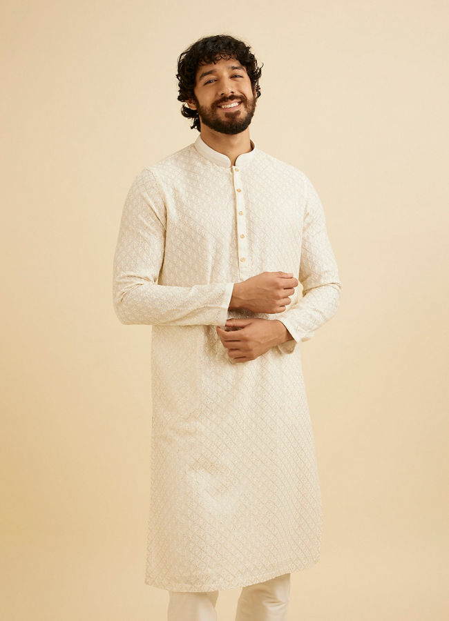 Manyavar Men Cream White Chikankari Work Kurta Set image number 0