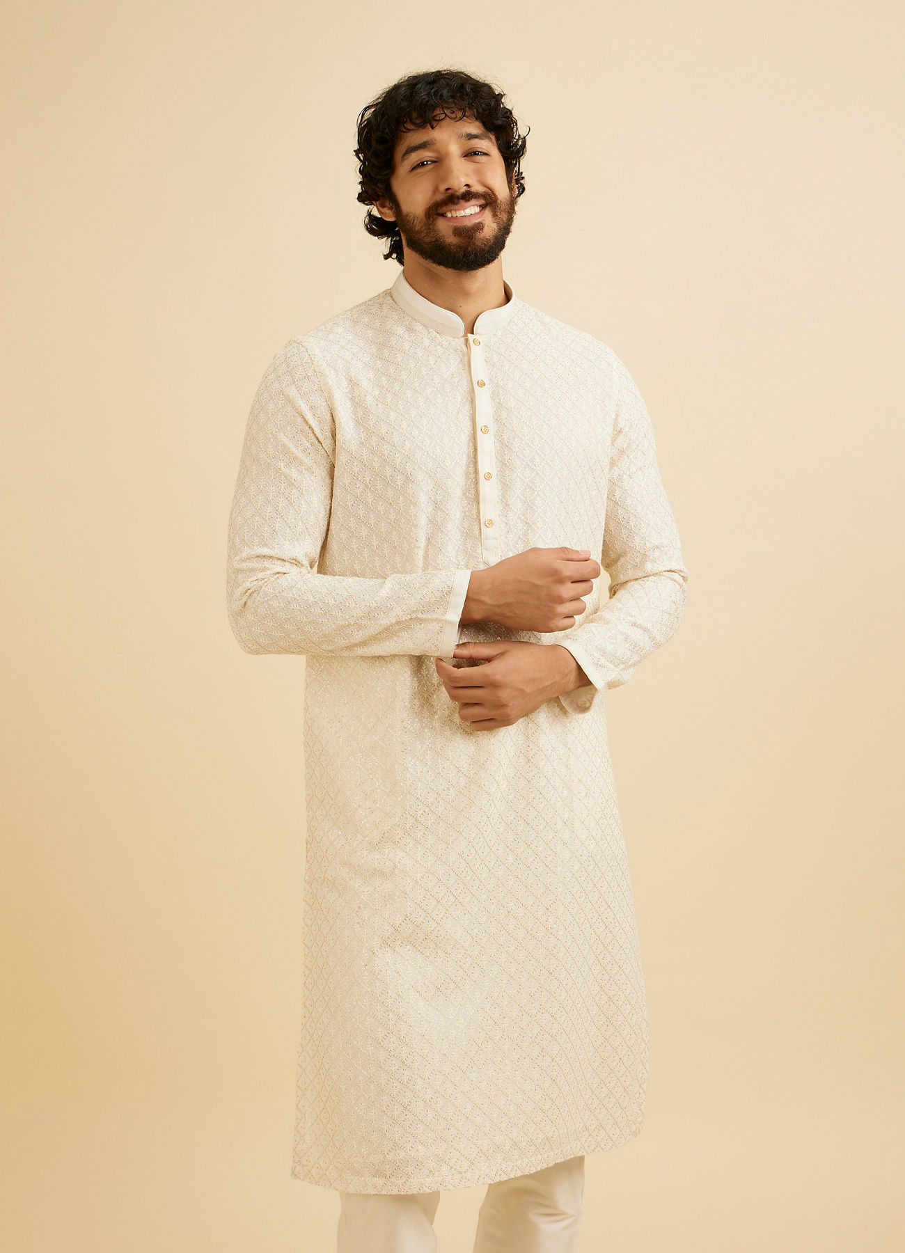 Manyavar Men Cream White Chikankari Work Kurta Set