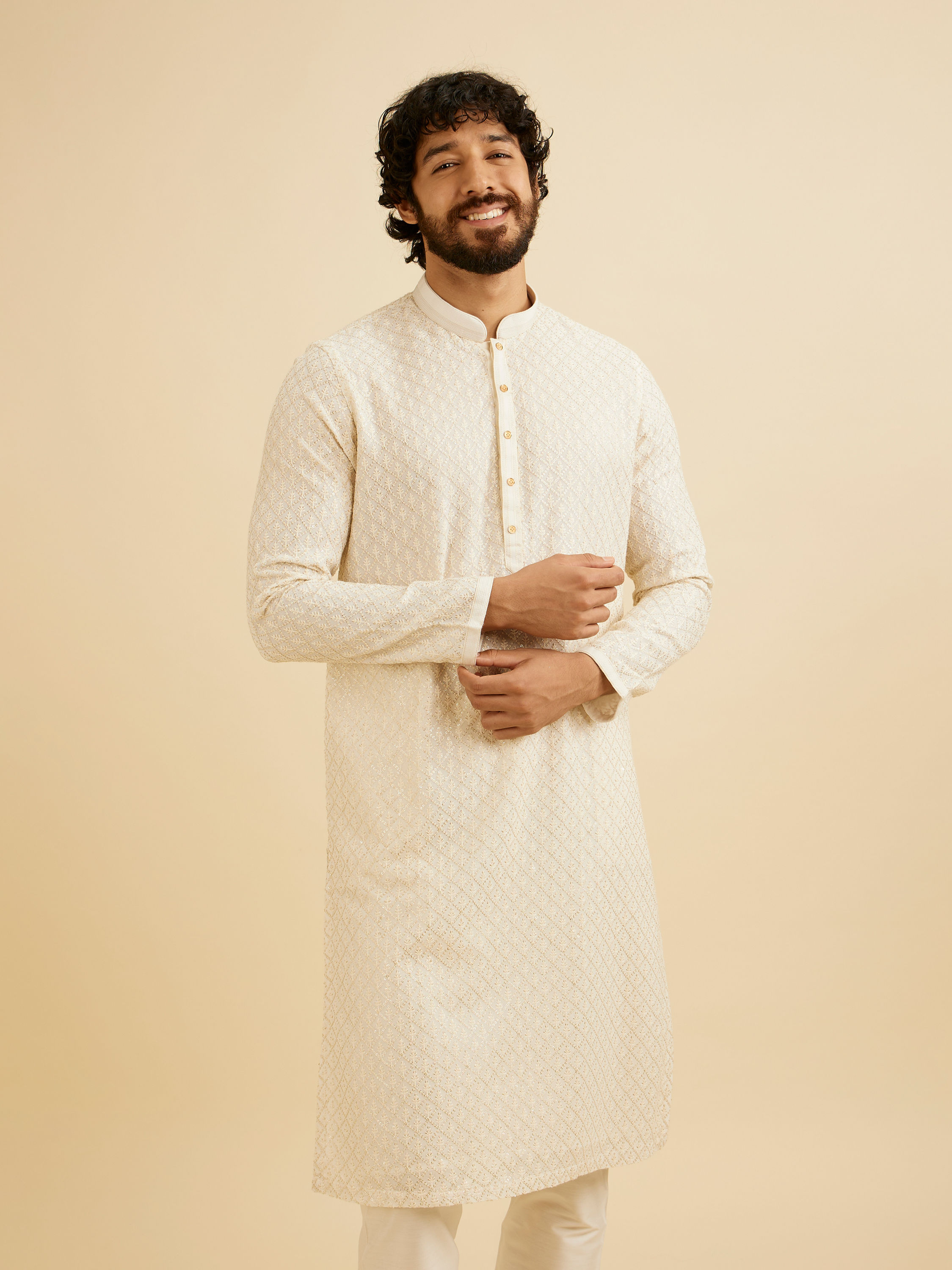 Manyavar Men Cream White Chikankari Work Kurta Set