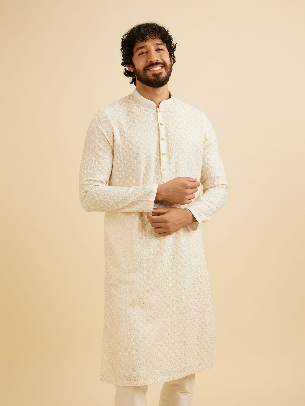 Manyavar Men Cream White Chikankari Work Kurta Set image number 0