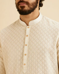 Manyavar Men Cream White Chikankari Work Kurta Set