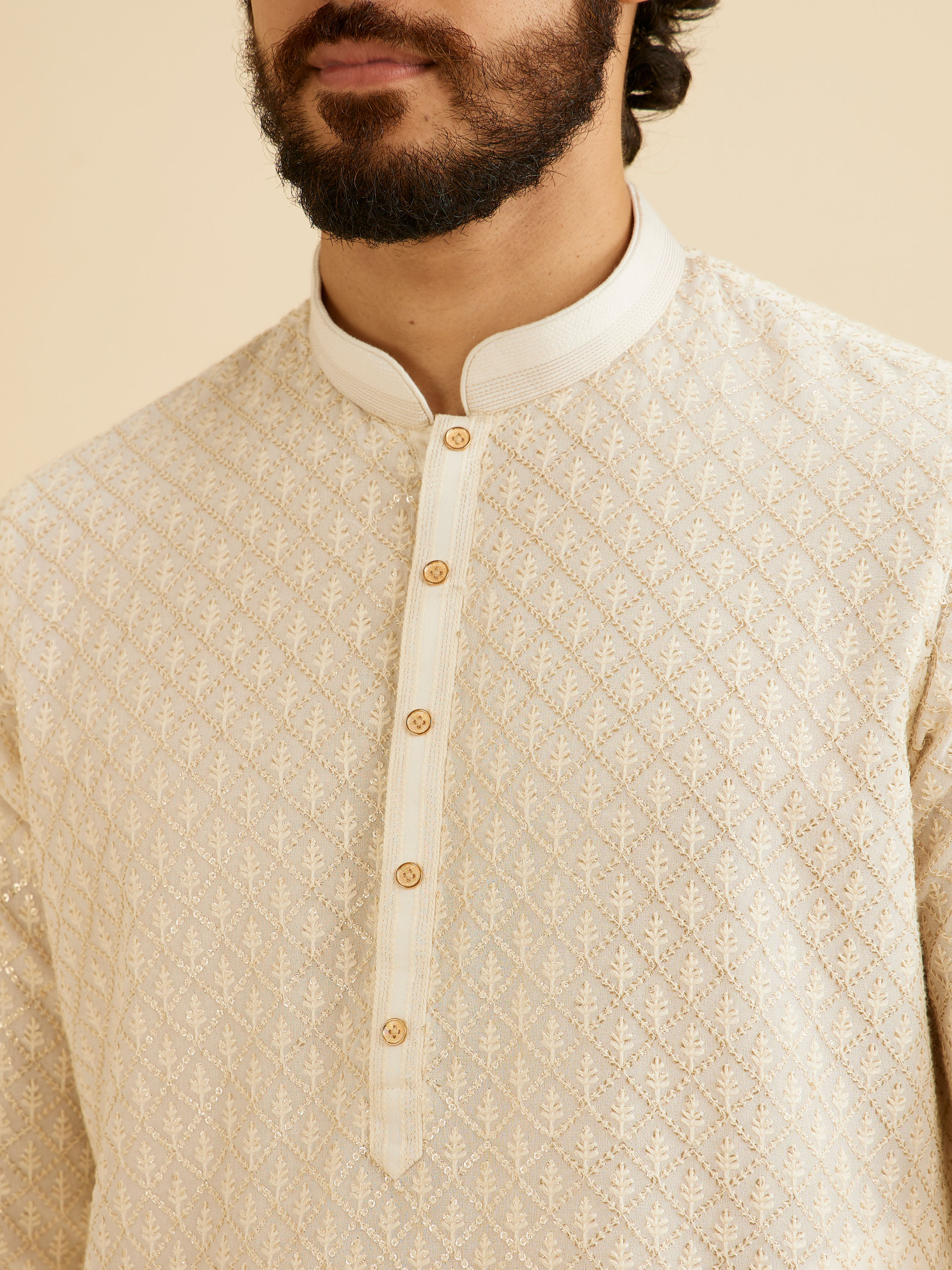 Manyavar Men Cream White Chikankari Work Kurta Set