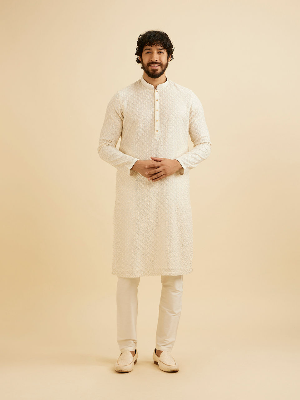 Manyavar Men Cream White Chikankari Work Kurta Set