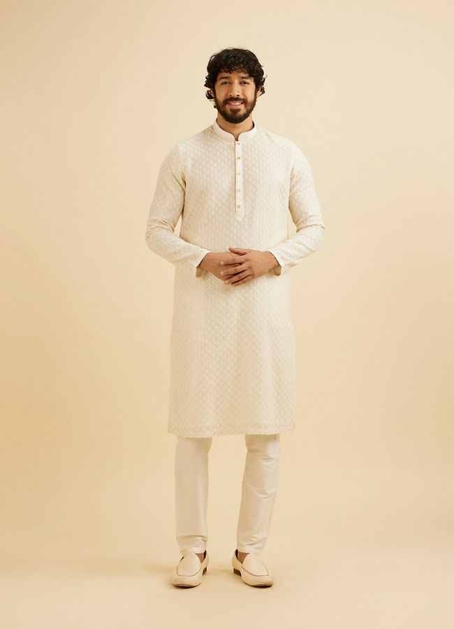 Manyavar Men Cream White Chikankari Work Kurta Set image number 2