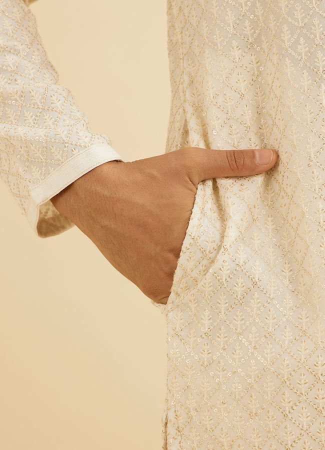 Manyavar Men Cream White Chikankari Work Kurta Set