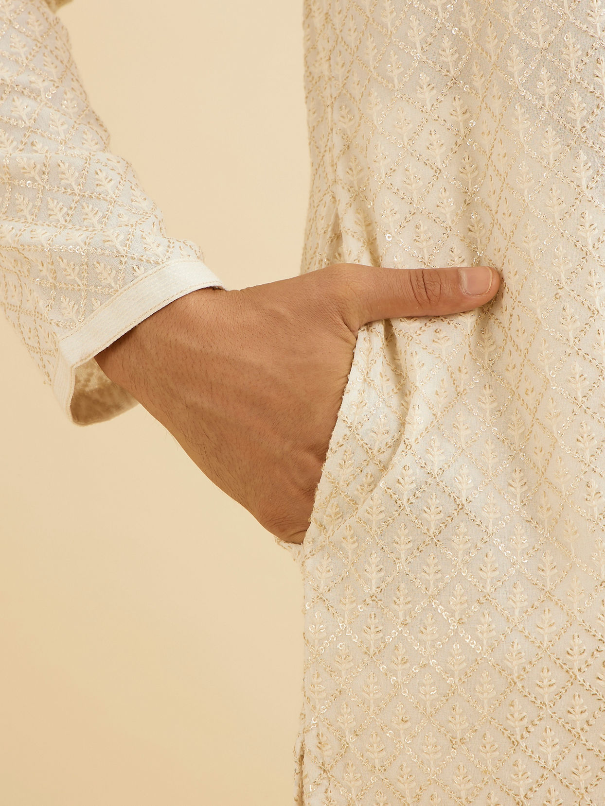 Manyavar Men Cream White Chikankari Work Kurta Set
