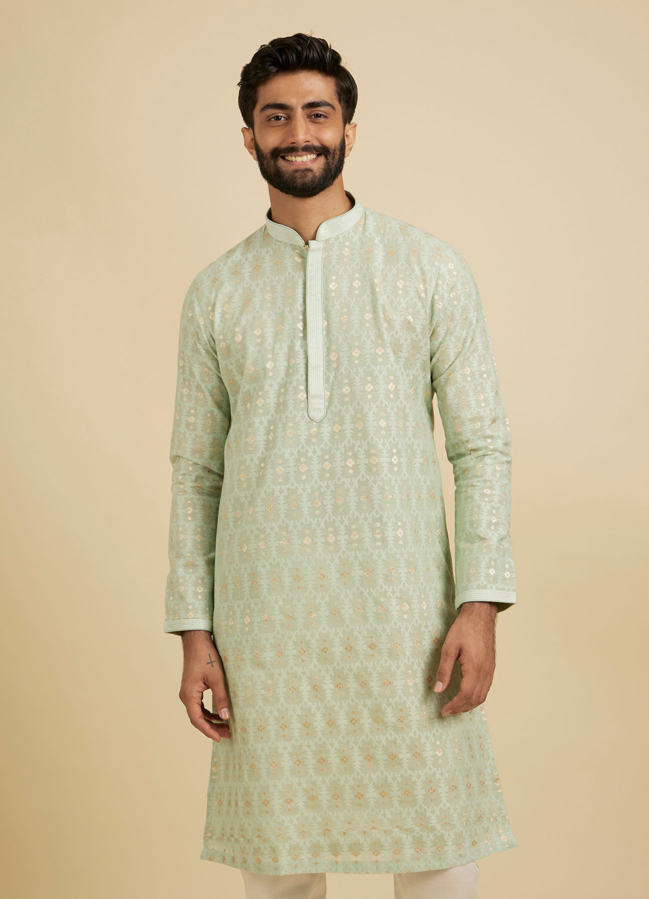 Manyavar Men Light Mid Green Chanderi Kurta Pajama