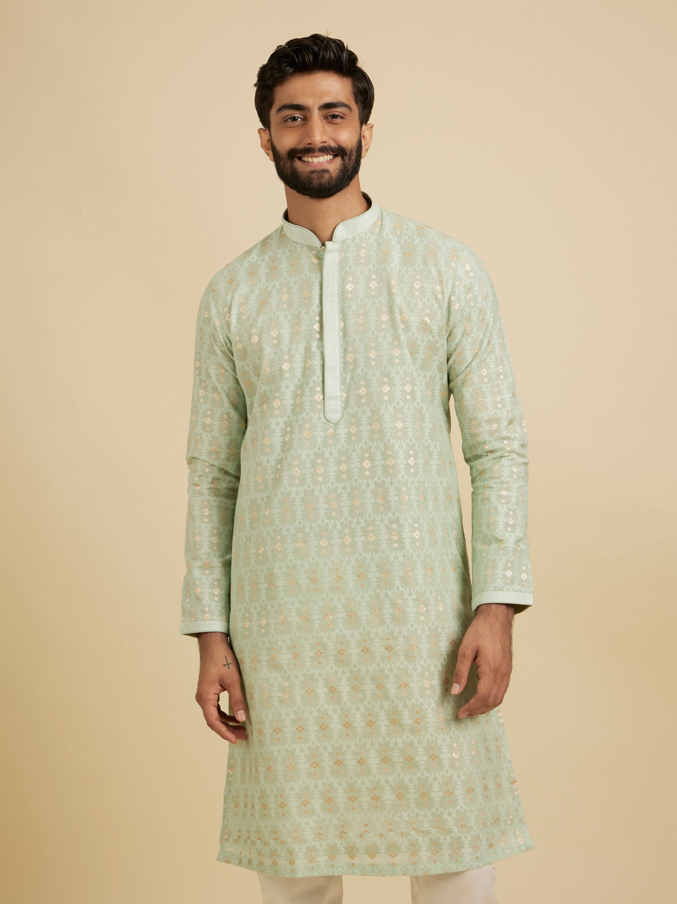 Manyavar Men Light Mid Green Chanderi Kurta Pajama