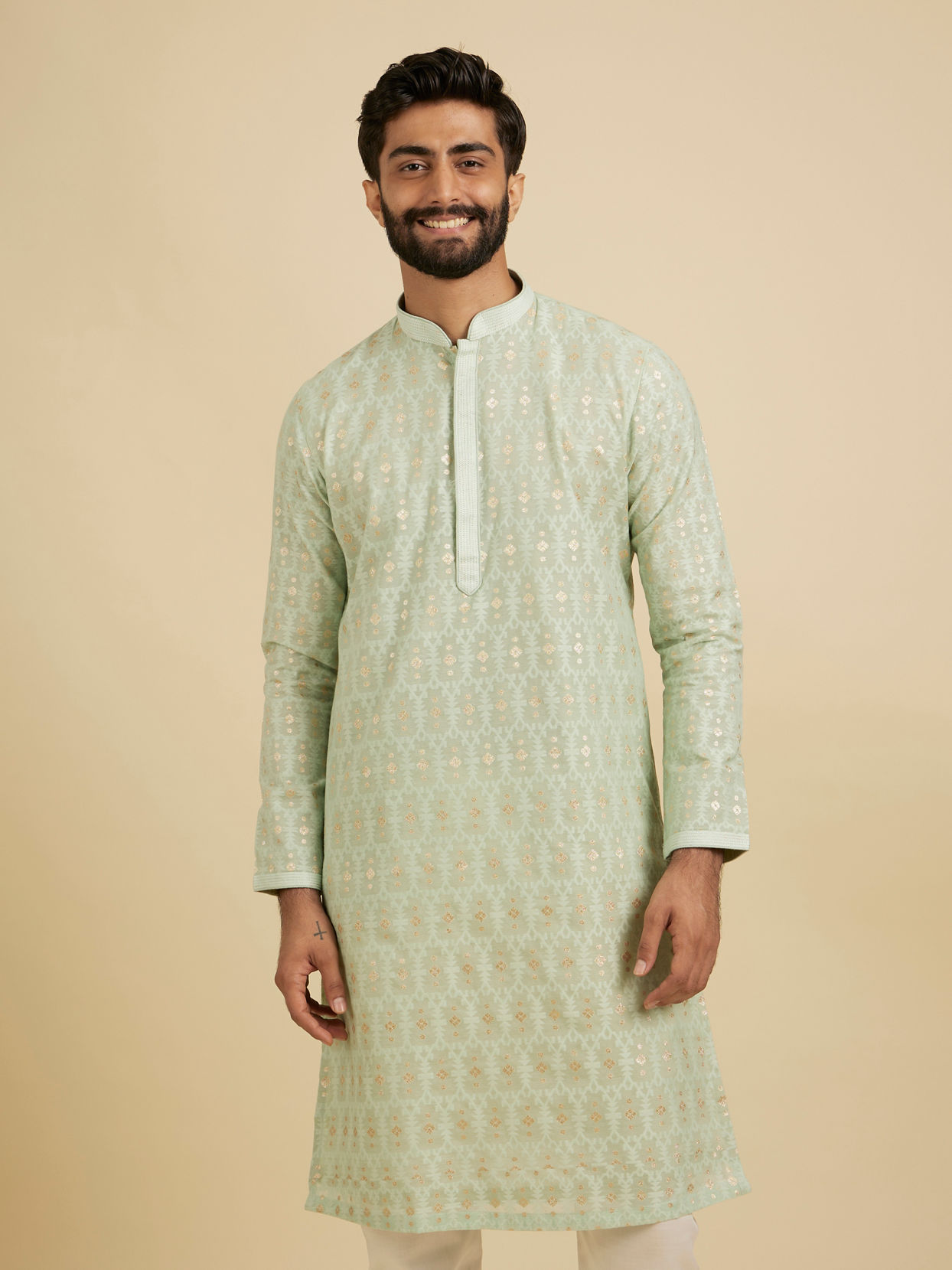 Manyavar Men Light Mid Green Chanderi Kurta Pajama