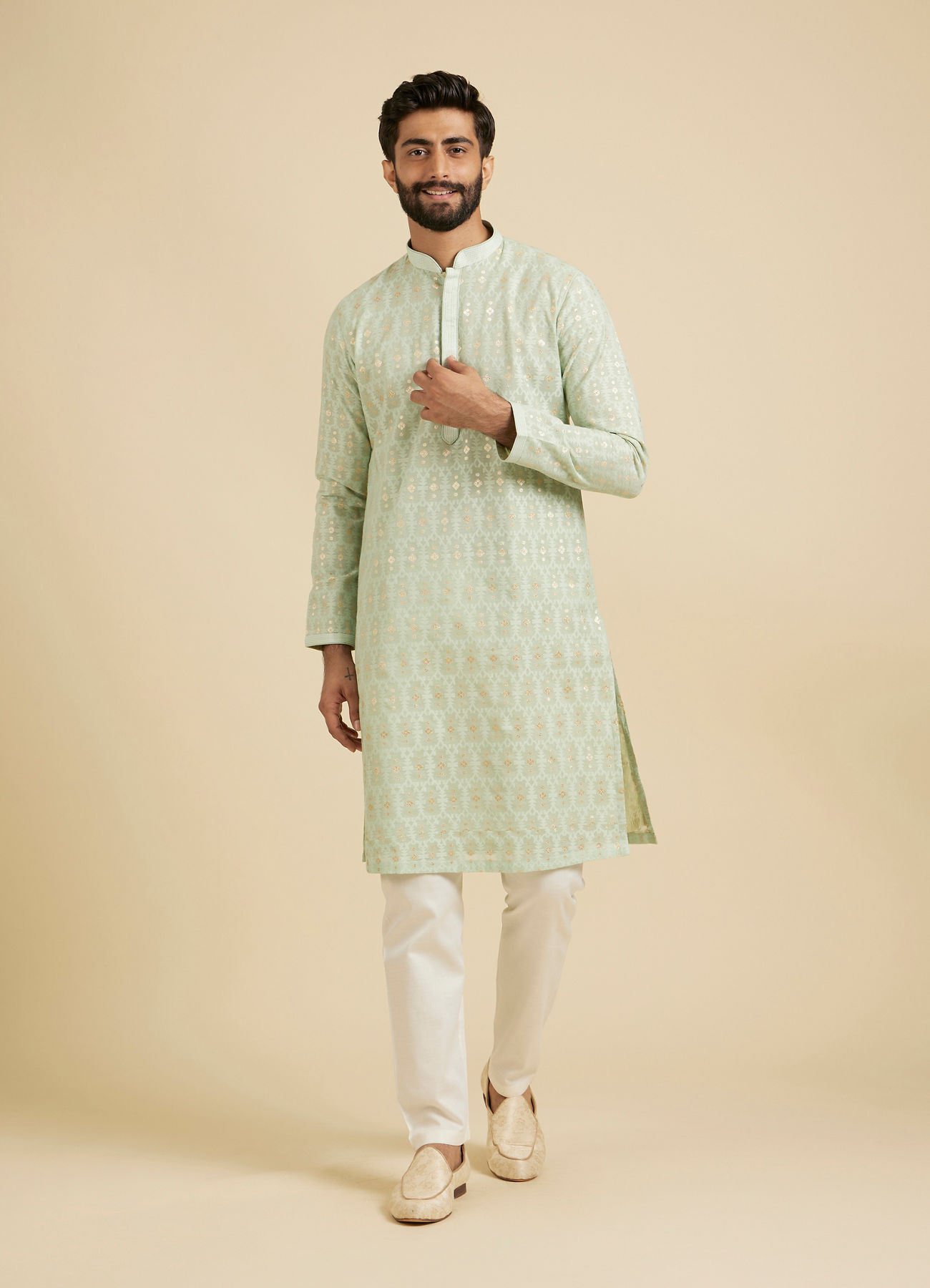 Manyavar Men Light Mid Green Chanderi Kurta Pajama