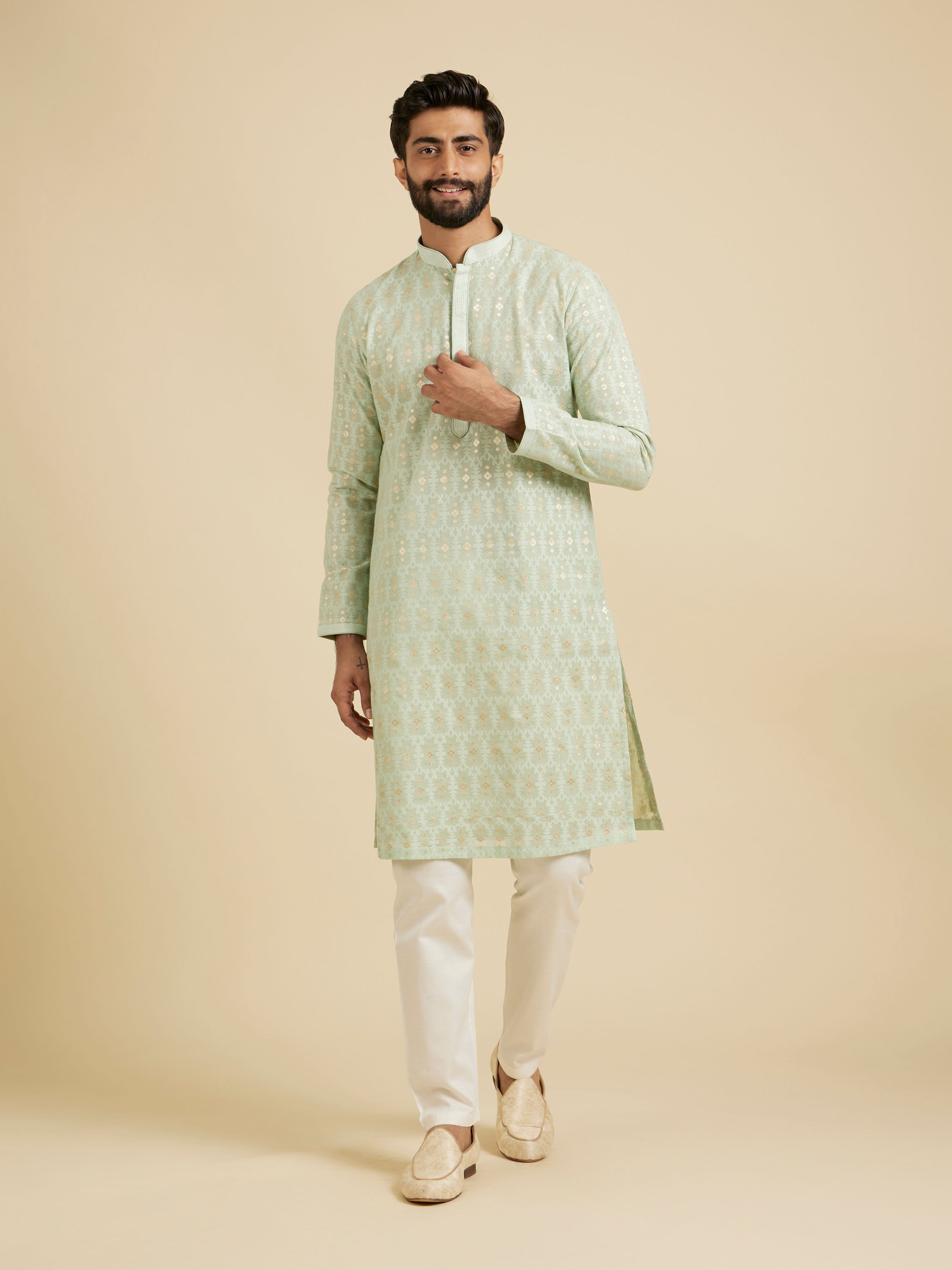 Manyavar Men Light Mid Green Chanderi Kurta Pajama