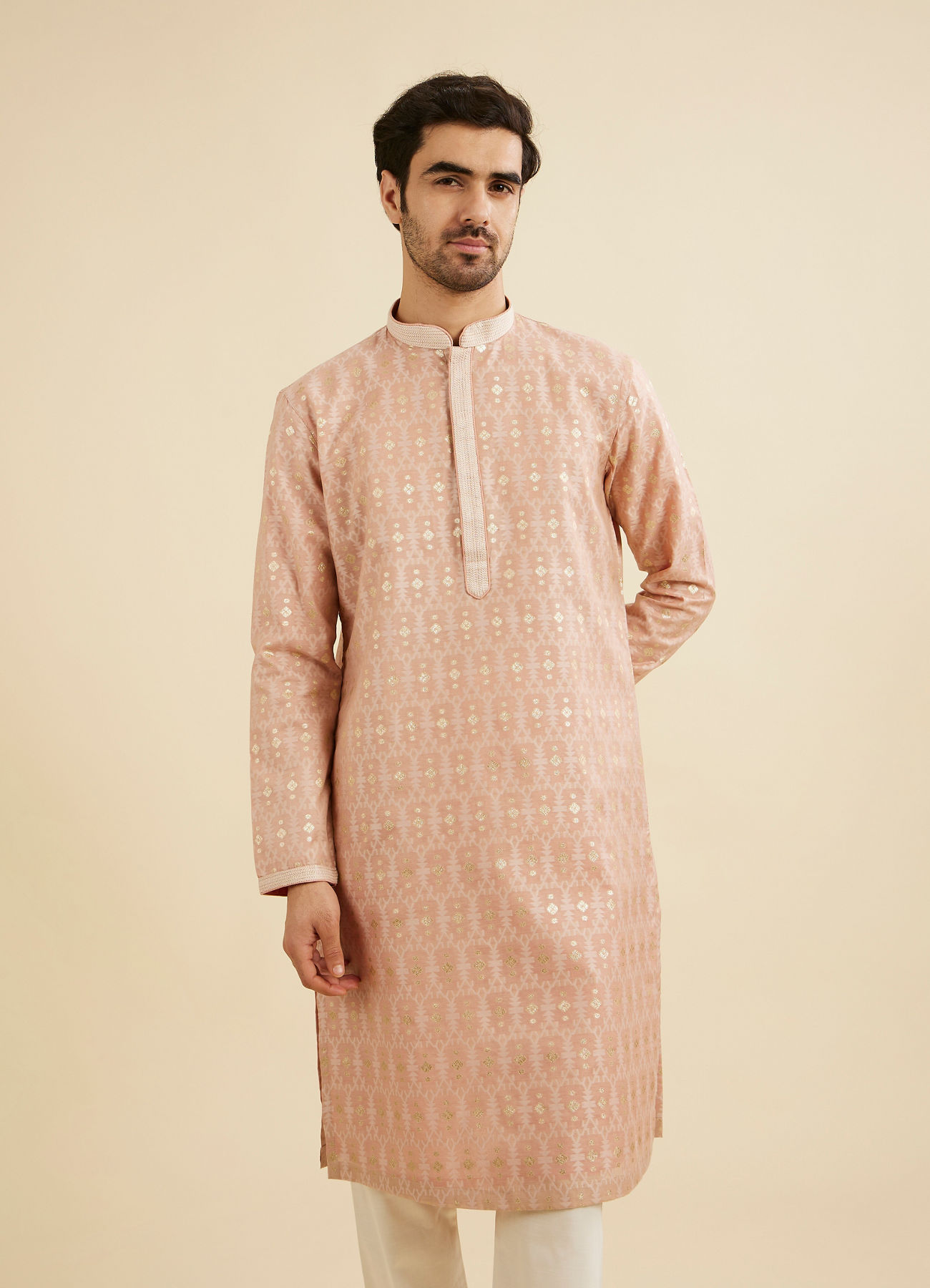 Manyavar Men Dusty Pink Jaal Patterned Kurta Set with Floral Butas