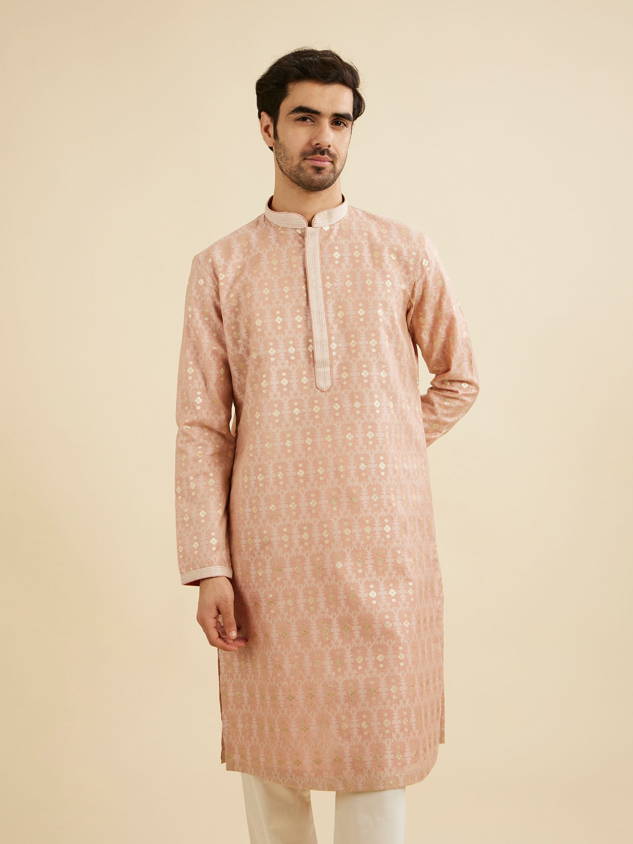 Manyavar Men Dusty Pink Jaal Patterned Kurta Set with Floral Butas