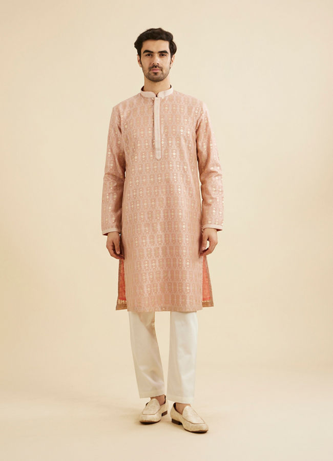 Manyavar Men Dusty Pink Jaal Patterned Kurta Set with Floral Butas