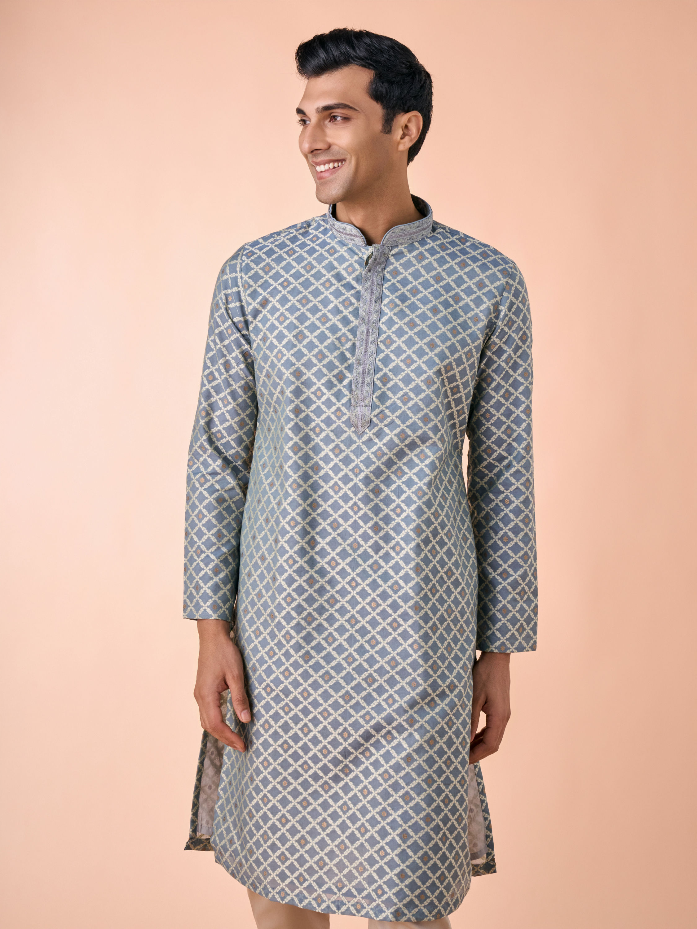 Manyavar Men Dark Grey Chanderi Kurta Pajama