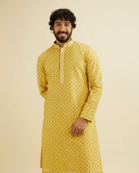 Manyavar Men Mustard Yellow Trellis Patterned Kurta Set