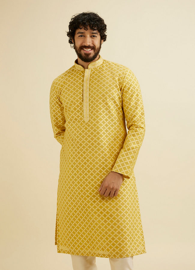 Manyavar Men Mustard Yellow Trellis Patterned Kurta Set image number 0