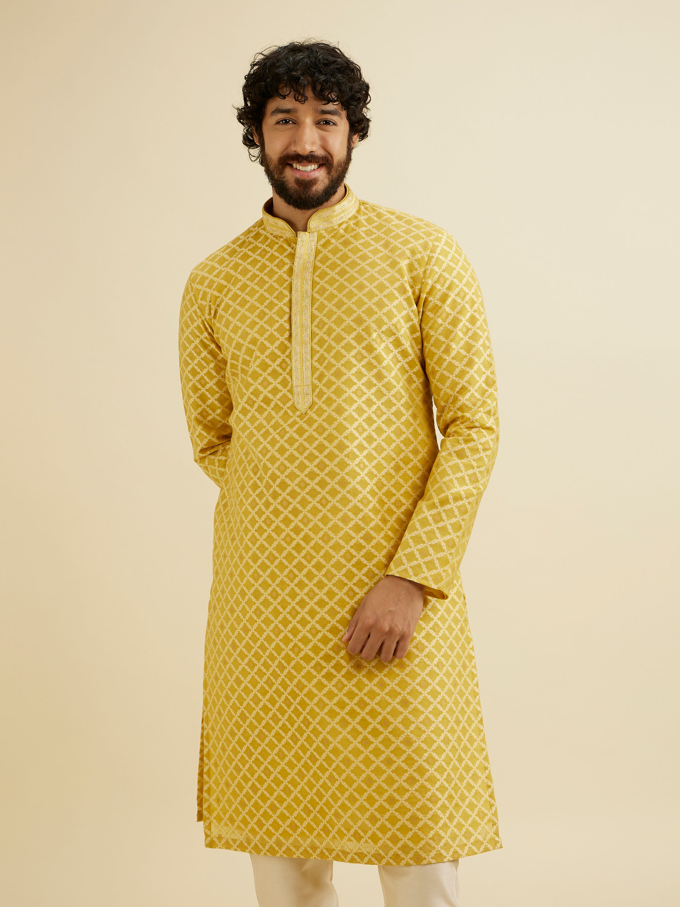 Manyavar Men Mustard Yellow Trellis Patterned Kurta Set