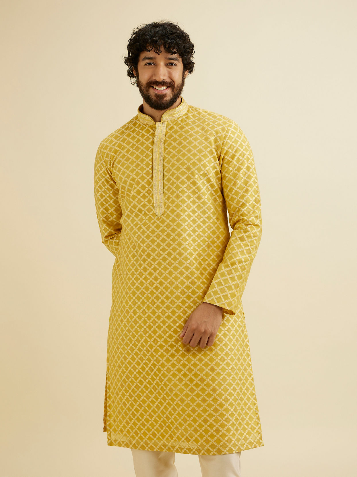 Manyavar Men Mustard Yellow Trellis Patterned Kurta Set image number 0