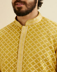 Manyavar Men Mustard Yellow Trellis Patterned Kurta Set