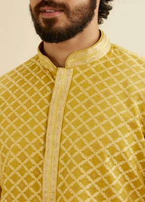 Manyavar Men Mustard Yellow Trellis Patterned Kurta Set image number 1