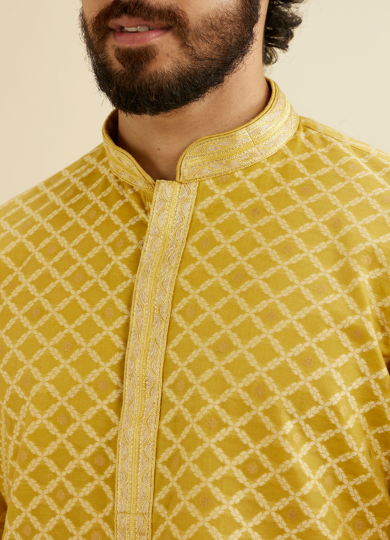 Manyavar Men Mustard Yellow Trellis Patterned Kurta Set