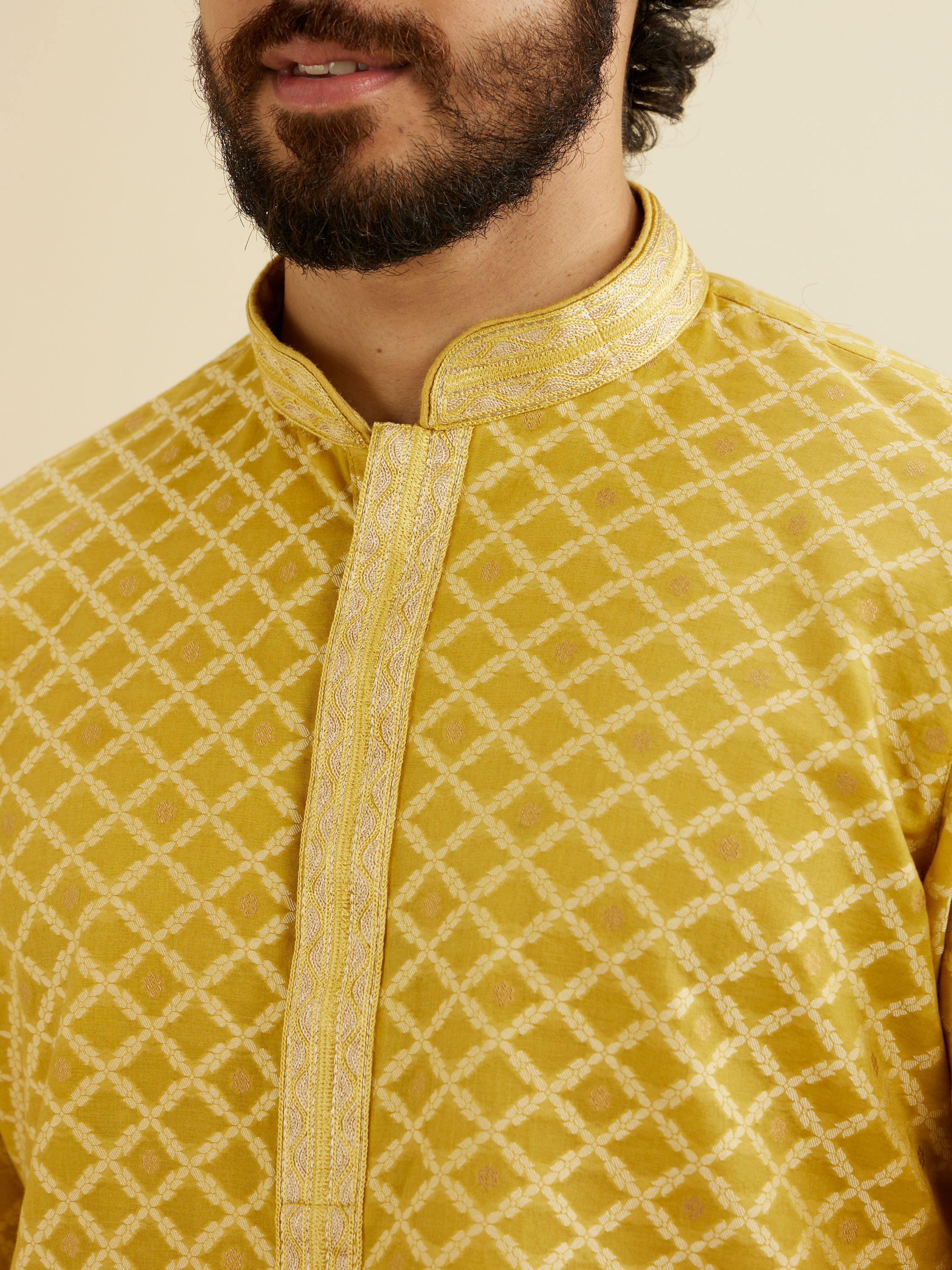 Manyavar Men Mustard Yellow Trellis Patterned Kurta Set