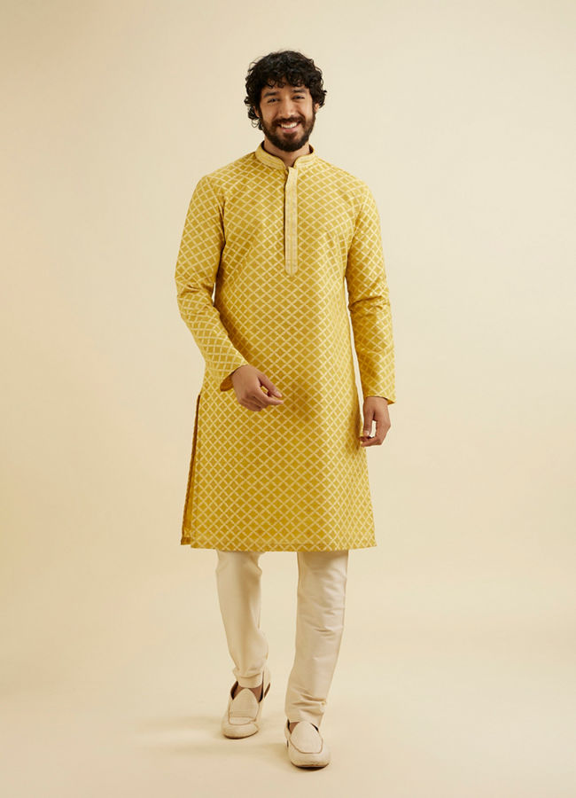 Manyavar Men Mustard Yellow Trellis Patterned Kurta Set
