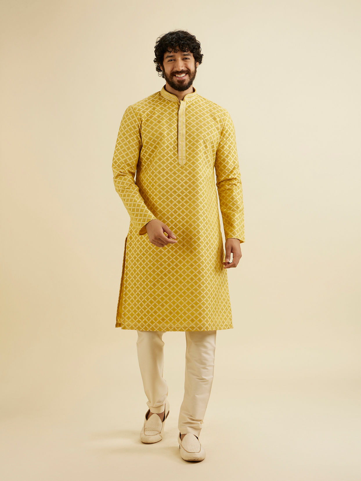 Manyavar Men Mustard Yellow Trellis Patterned Kurta Set