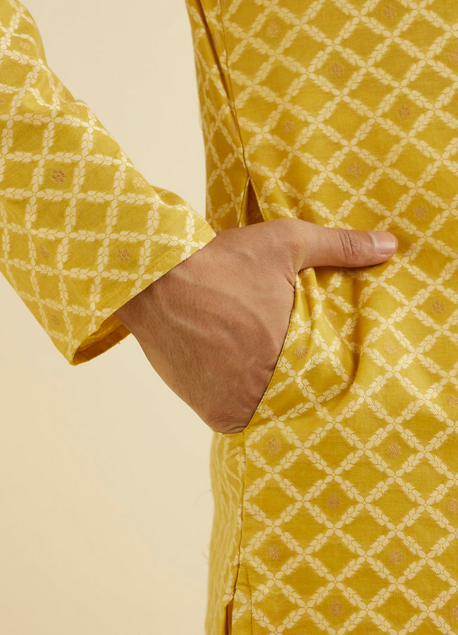 Manyavar Men Mustard Yellow Trellis Patterned Kurta Set