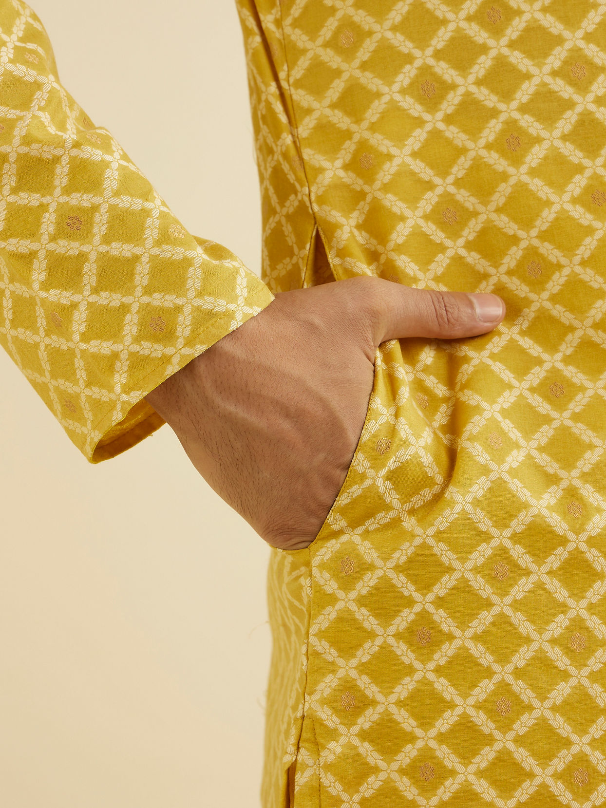 Manyavar Men Mustard Yellow Trellis Patterned Kurta Set