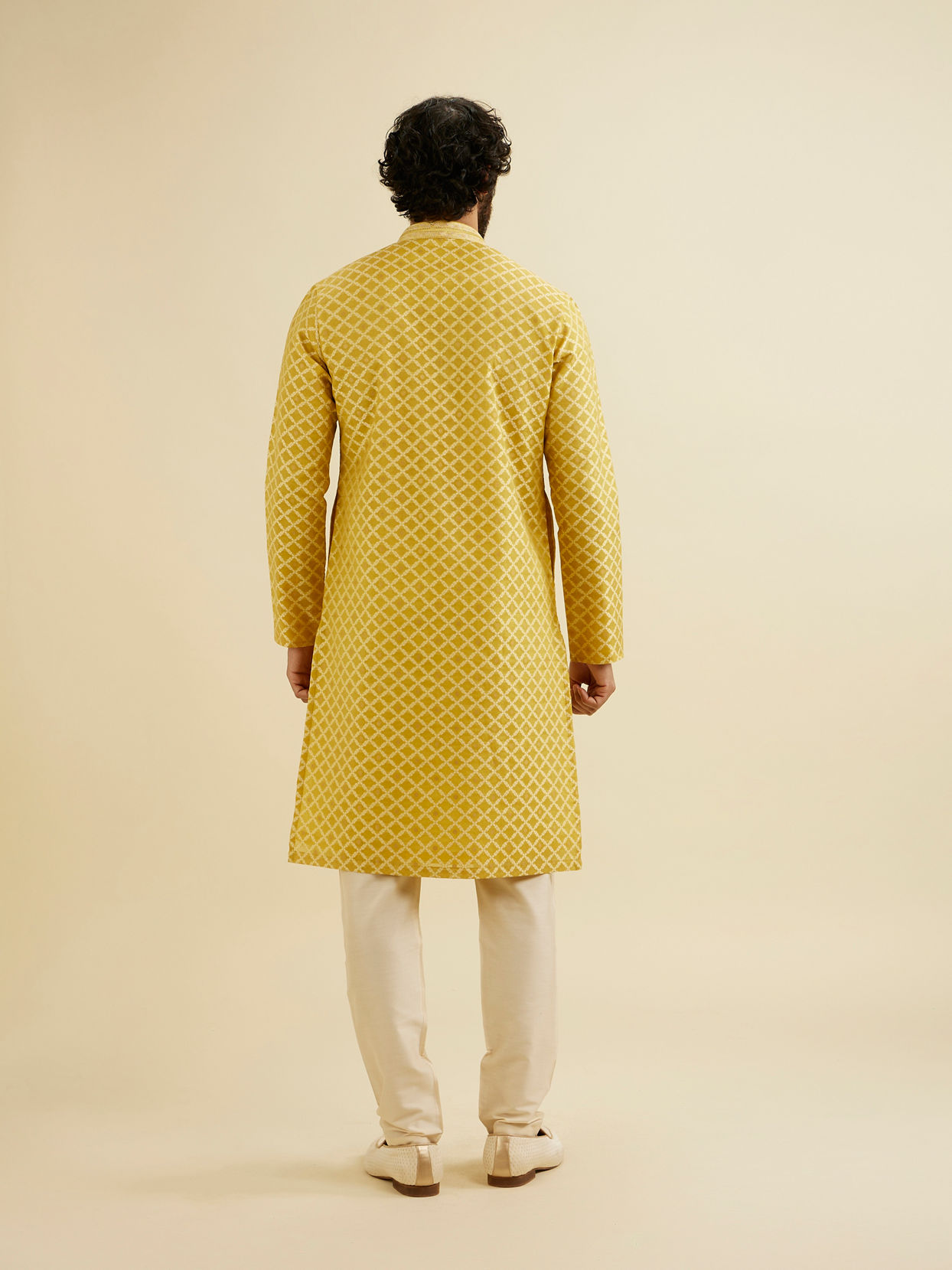 Manyavar Men Mustard Yellow Trellis Patterned Kurta Set