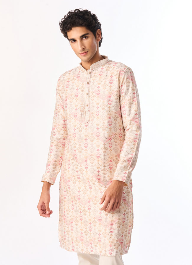 Manyavar Men Peach Blended Viscose Kurta Pant