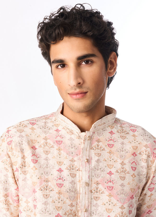 Manyavar Men Peach Blended Viscose Kurta Pant