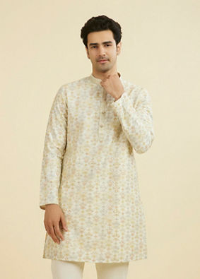 Manyavar Men Cream Thread Embroidered Kurta Pajama Set