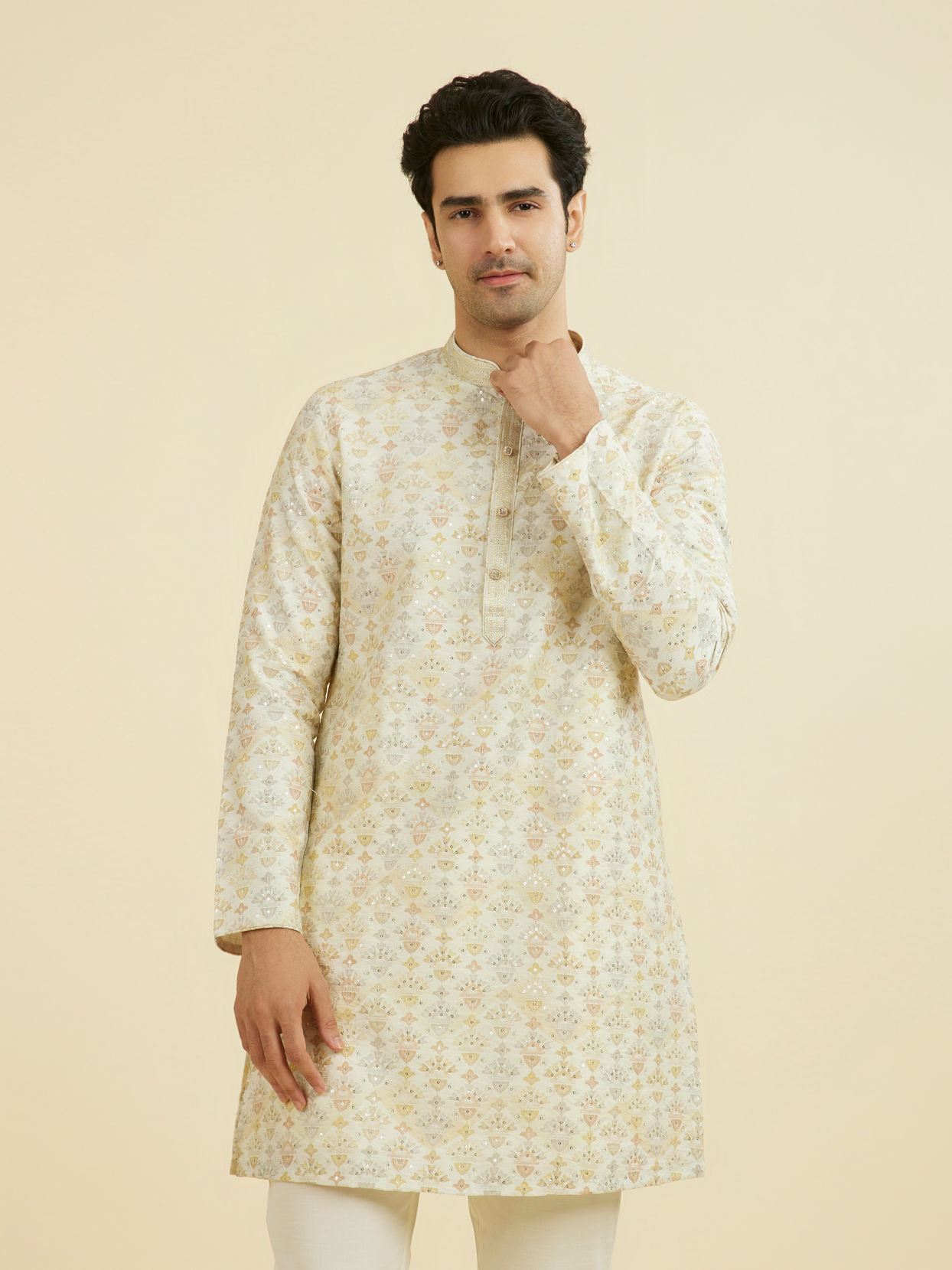Manyavar Men Cream Thread Embroidered Kurta Pajama Set