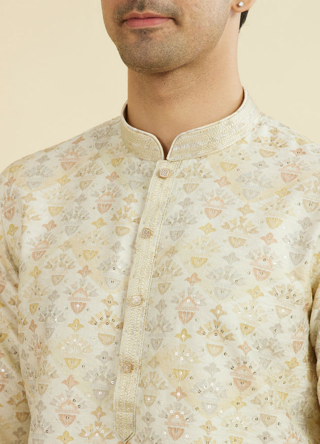 Manyavar Men Cream Thread Embroidered Kurta Pajama Set