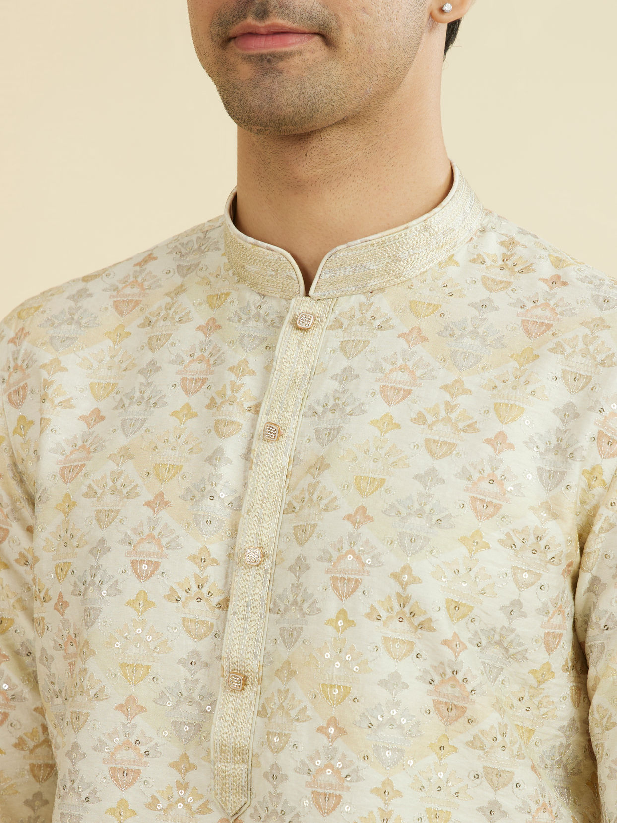 Manyavar Men Cream Thread Embroidered Kurta Pajama Set