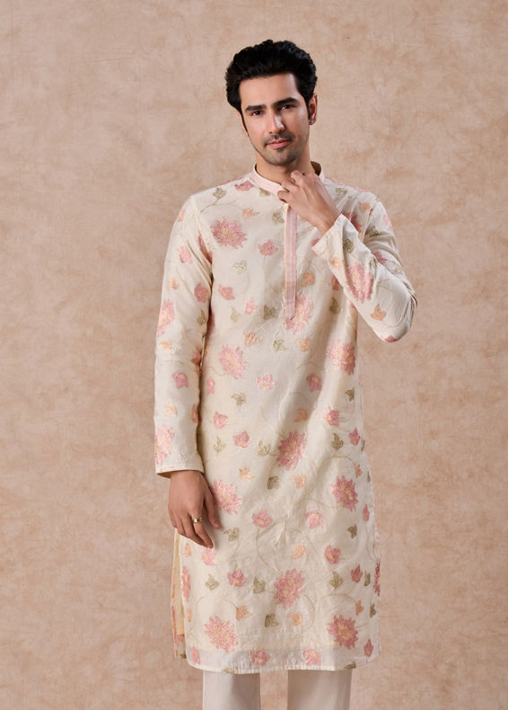 Manyavar Men Cream Elegance Chanderi Kurta Churidar