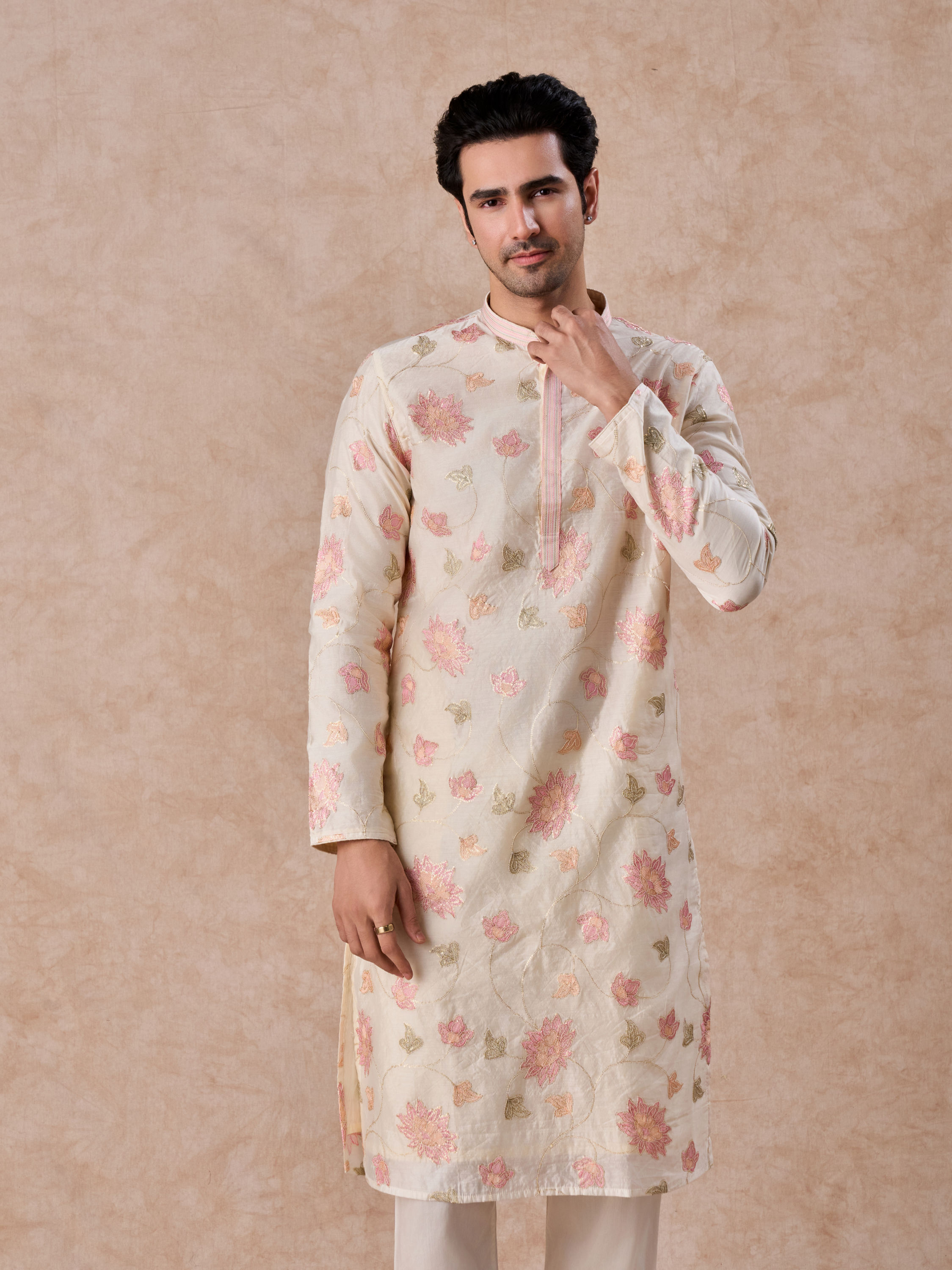 Manyavar Men Cream Elegance Chanderi Kurta Churidar