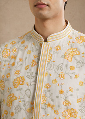 Manyavar Men Cream Chanderi Kurta Churidar with Thread Embroidery